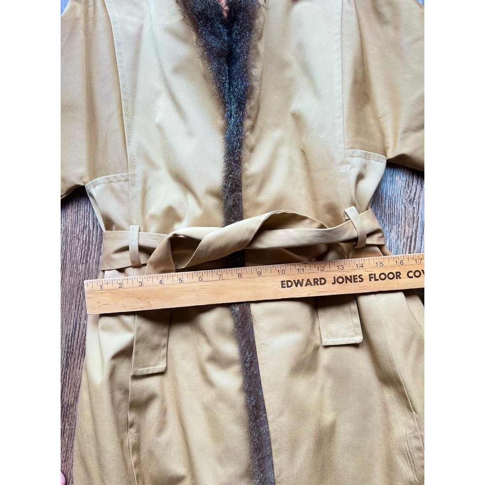 Vintage 60s 70s Tan Coat Genuine Fur Trim Quilted Lining Belted Mod Camel M/L - Picture 9 of 13